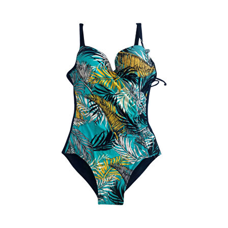 Kadın Lacivert Turkuaz Sarı Tüy Desen Yandan Drapeli Mayo HZL25S-LC6243