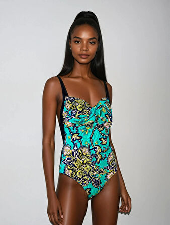 Kadın Siyah Turkuaz Desenli Mayo HZL25S-LC6279