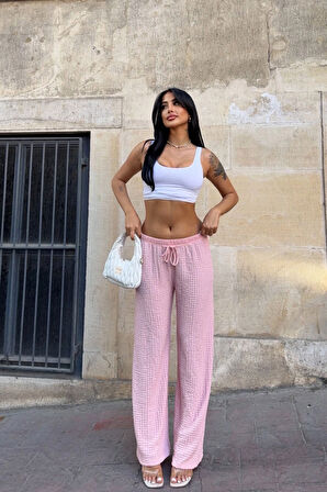 Kadın Pembe Beli Lastikli Rahat Kesim Bürümcük Pantolon HZL25S-DSB163631