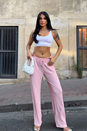 Kadın Pembe Beli Lastikli Rahat Kesim Bürümcük Pantolon HZL25S-DSB163631