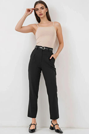 Kadın Siyah Yüksel Bel Kemerli Kumaş Pantolon HZL25S-BD167251