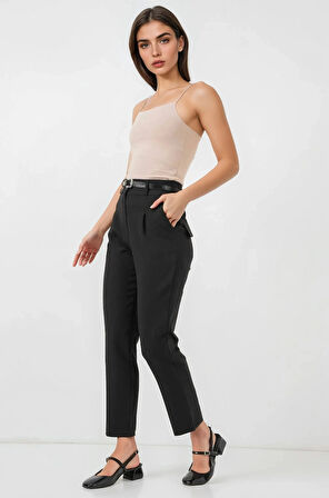 Kadın Siyah Yüksel Bel Kemerli Kumaş Pantolon HZL25S-BD167251