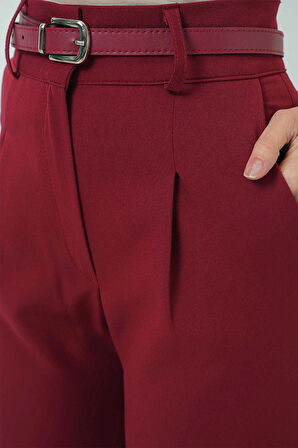 Kadın Bordo Yüksel Bel Kemerli Kumaş Pantolon HZL25S-BD167251
