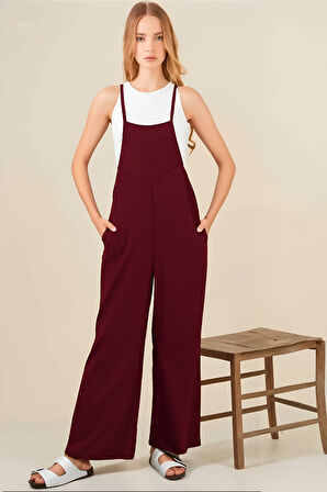 Kadın Bordo Ayarlanabilir Askılı Cepli Bol Paça Bahçıvan Tulum Hzl22s-bd170191
