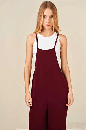 Kadın Bordo Ayarlanabilir Askılı Cepli Bol Paça Bahçıvan Tulum Hzl22s-bd170191