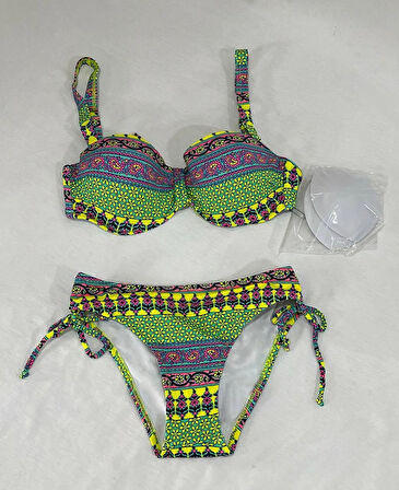 Kadın Yeşil Çok Renkli Etnik Desen Atarlı Bikini Takımı HZL25S-LC8004