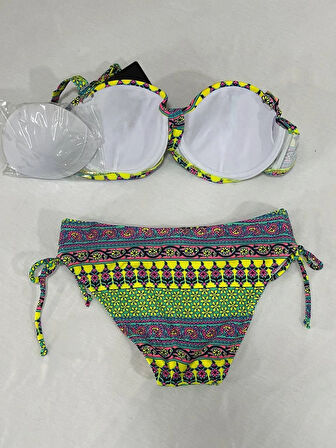 Kadın Yeşil Çok Renkli Etnik Desen Atarlı Bikini Takımı HZL25S-LC8004