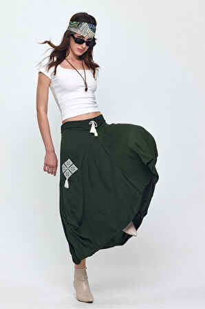 Kadın Haki Nakış Detaylı Bağcıklı Şalvar Etek HZL25S-VM19001