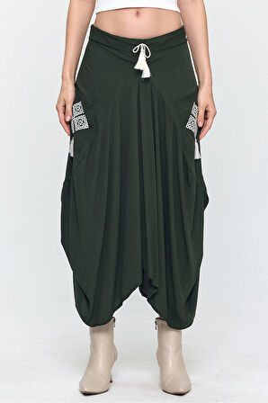 Kadın Haki Nakış Detaylı Bağcıklı Şalvar Etek HZL25S-VM19001