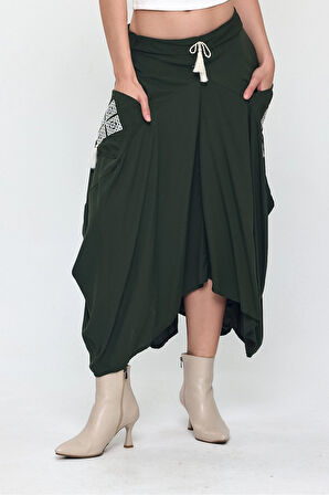 Kadın Haki Nakış Detaylı Bağcıklı Şalvar Etek HZL25S-VM19001