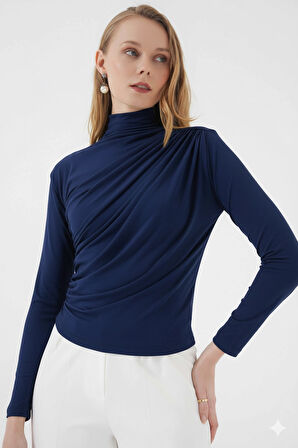 Kadın Lacivert Büzgü Detay Balıkçı Yaka Sandy Bluz HZL25W-BD19251