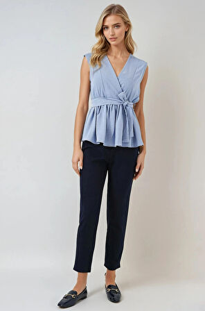 Kadın Mavi Kruvaze Yaka Beli Lastikli Kuşaklı Bluz HZL25S-BD19661