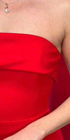 Kırmızı Yırtmaçlı Düz Kesim Krep Midi Abiye Elbise 7692