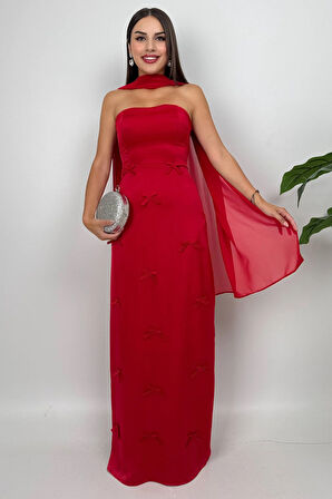 Lilina Straplez Fiyonk Detaylı Şal Aksesuarlı Uzun Kırmızı Abiye Elbise
