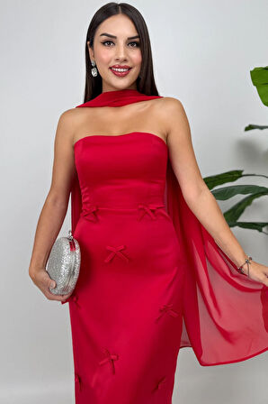 Lilina Straplez Fiyonk Detaylı Şal Aksesuarlı Uzun Kırmızı Abiye Elbise