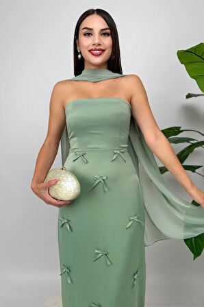 Lilina Straplez Fiyonk Detaylı Şal Aksesuarlı Uzun Mint Yeşil Abiye Elbise