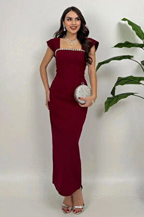 Valentia Madonna Yaka Taş İşlemeli Kalem Bordo Abiye Elbise, Zarif Davet Elbisesi
