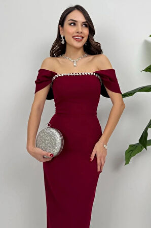 Valentia Madonna Yaka Taş İşlemeli Kalem Bordo Abiye Elbise, Zarif Davet Elbisesi