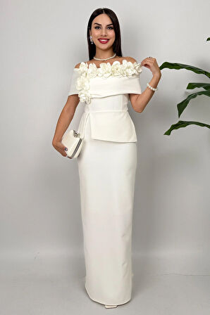 Vivenza Gül Detaylı Omuz Açık Kayık Yaka Uzun Beyaz Abiye Elbise, Nişan ve Davet Zarafeti