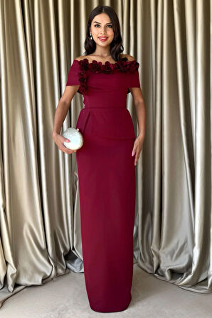 Vivenza Gül Detaylı Omuz Açık Kayık Yaka Uzun Bordo Abiye Elbise, Nişan ve Düğün Zarafeti