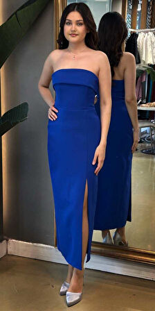 Saks Yırtmaçlı Düz Kesim Krep Midi Abiye Elbise 7692