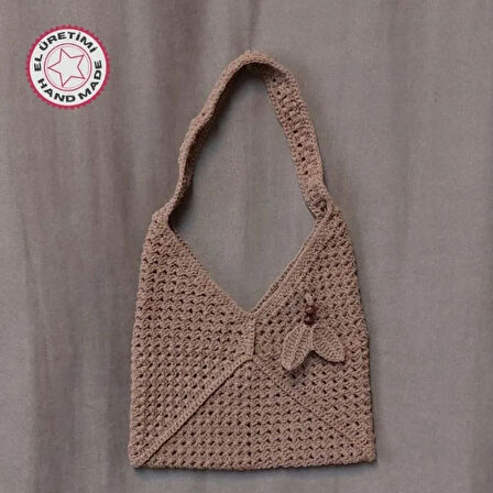 Uretti - Emine 9106 - 0481 El Örgüsü Ahşap Boncuk Detaylı Omuz Çantası - Sütlü Kahve