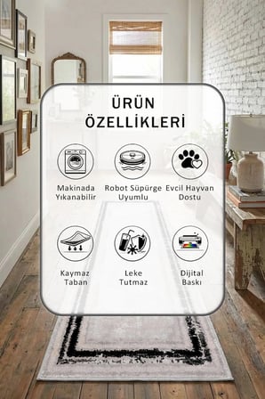 Rasta Siyah Modern Dijital Baskı Yıkanabilir Kaymaz Yolluk Halı