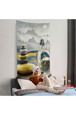 Altın Detaylı Soyut Denge Duvar Örtüsü-7694