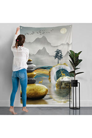 Altın Detaylı Soyut Denge Duvar Örtüsü-7694