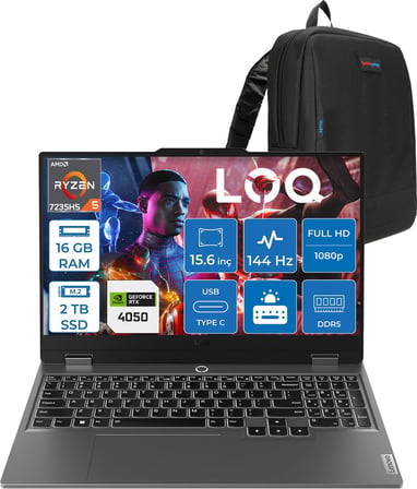 Lenovo Loq 15ARP9 Amd Ryzen 5 7235HS 16GB Ddr5 2tb SSD Freedos RTX4050 6gb 105W 15.6" Fhd (1920X1080) IPS 300NITS 144Hz Gaming Laptop 83JC00H4TRF04 + Zetta Çanta