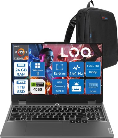 Lenovo Loq 15ARP9 Amd Ryzen 5 7235HS 24GB Ddr5 1tb SSD Windows 11 Pro RTX4050 6gb 105W 15.6" Fhd (1920X1080) IPS 300NITS 144Hz Gaming Laptop 83JC00H4TRP10 + Zetta Çanta