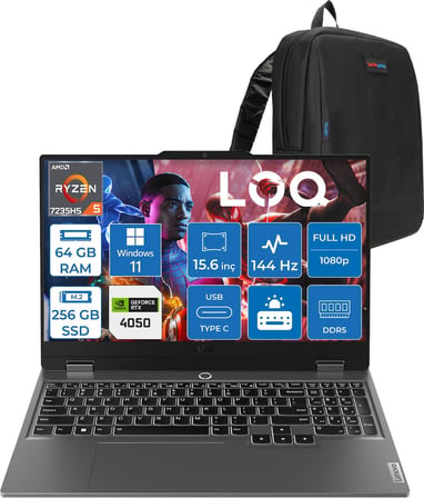 Lenovo Loq 15ARP9 Amd Ryzen 5 7235HS 64GB Ddr5 256GB SSD Windows 11 Pro RTX4050 6gb 105W 15.6" Fhd (1920X1080) IPS 300NITS 144Hz Gaming Laptop 83JC00H4TRP36 + Zetta Çanta