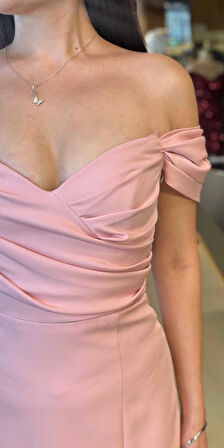 Pudra Madonna Yaka Yırtmaçlı Düz Kesim Krep Midi Abiye Elbise 7696