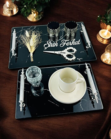 Vow Siyah Desenli Söz Tepsisi ve Damat Kahve Fincanı