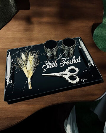 Vow Siyah Desenli Söz Tepsisi ve Damat Kahve Fincanı