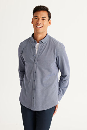Erkek Lacivert Slim Fit Dar Kesim Düğmeli Yaka Pike Desenli Örme Gömlek