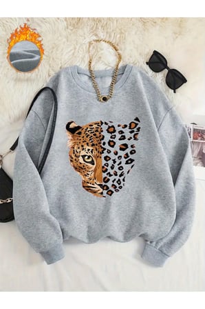 Unisex Leopar Desenli Kaplan Baskılı Bisiklet Yaka Sweatshirt