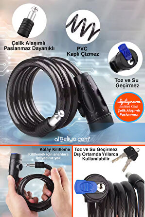Çelik Alaşımlı Anahtarlı Bisiklet ve Scooter Kilidi PVC Kaplı Dış Ortamda Kullanılır 