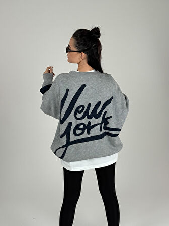 Oversize Gri New York Kadın Triko Sweat COC1097
