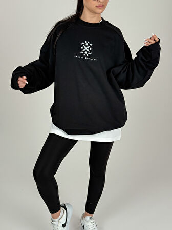 Etnik Desenli Siyah Kadın Sweatshirt COC1094