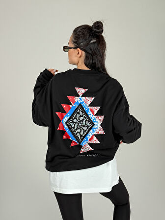 Etnik Desenli Siyah Kadın Sweatshirt COC1094