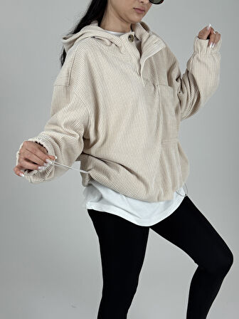Kadife Dokulu Bej Oversize Kapüşonlu Kadın Sweatshirt COC1089