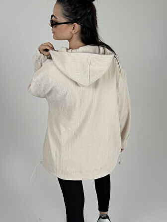 Kadife Dokulu Bej Oversize Kapüşonlu Kadın Sweatshirt COC1089