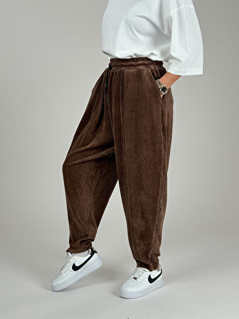 Kahve Pileli Kadife Kadın Jogger Pantolon COC1087