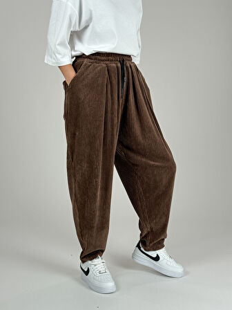 Kahve Pileli Kadife Kadın Jogger Pantolon COC1087