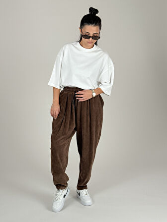 Kahve Pileli Kadife Kadın Jogger Pantolon COC1087
