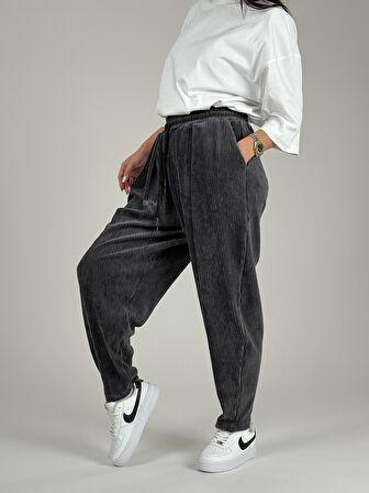 Antrasit Pileli Kadife Kadın Jogger Pantolon COC1083