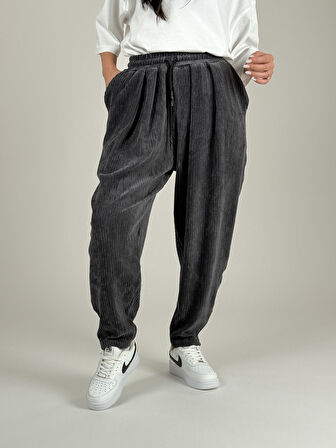 Antrasit Pileli Kadife Kadın Jogger Pantolon COC1083