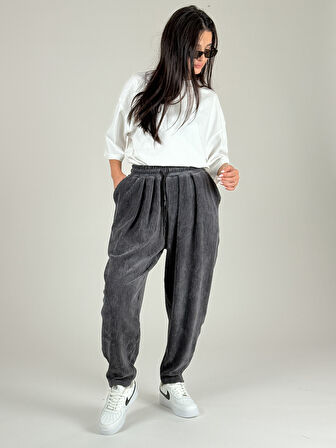Antrasit Pileli Kadife Kadın Jogger Pantolon COC1083