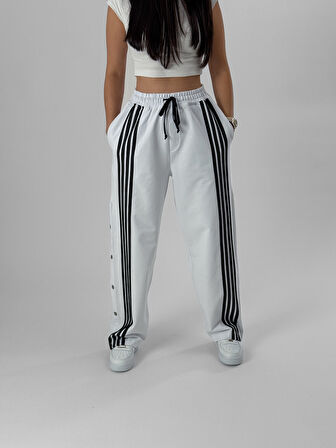 Kadın Şeritli Beyaz Baggy Pantolon COC1081